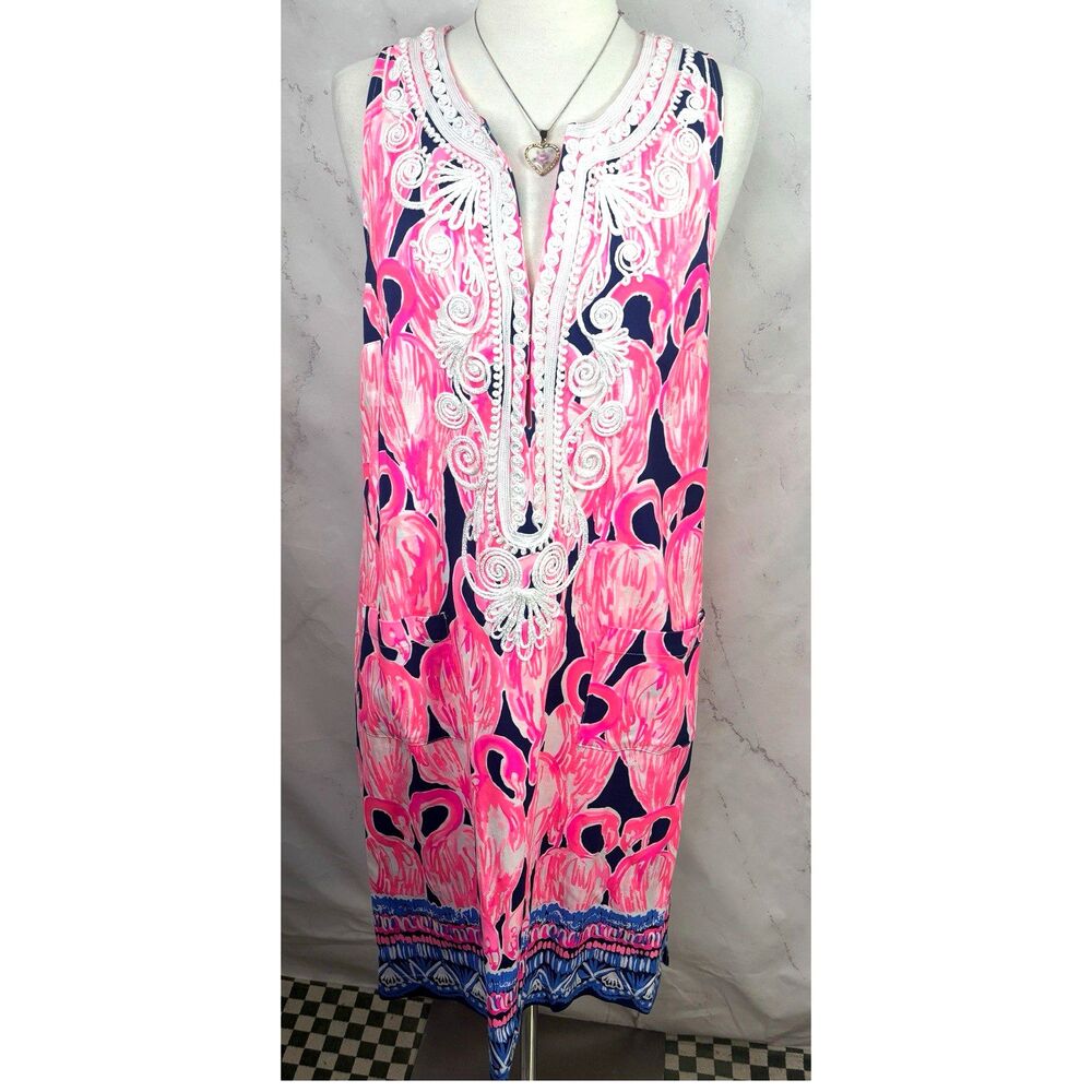 Vtg Lilly Pulitzer Flamingo Shift Dress Soutache Lace 4 S Embroidery Vacation